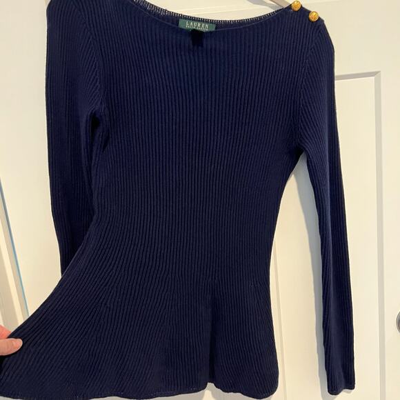 Ralph Lauren LRL Peplum Sweater Women’s Size Medium Navy Gold Buttons Nautical - Picture 3 of 11
